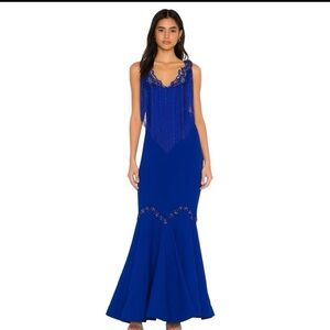 Odrella Royal Blue Event Gown Tassel‎  Mesh Cut out Beaded Design Size 6
